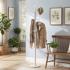 12-Hook Stylish Freestanding Coat Rack, Column-style Heavy Duty Metal Hat Stand with Solid Marble Base, 180cm Tall 4.7cm Thick Pole, Gold Black White Finish for Hallway, Office, Boutique Display