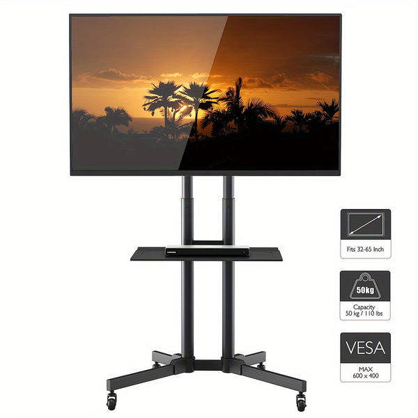 Mobile TV Stand On Wheels with The Down Tray, Tilt Rolling TV Stand with Media Shelf for 81.28-165.1 cm LED, LCD, OLED Flat&Curved TVs, Holds Up to 50kg