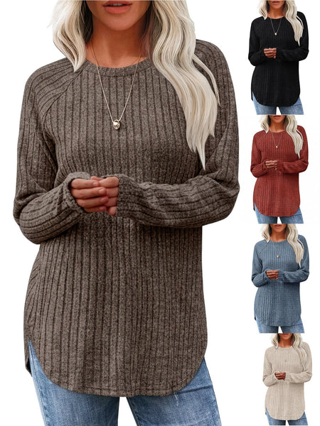 Ladies' Basic Long-Sleeve Sweater, Loose-Fit Top with Elegant Crew Neck.