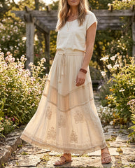 Women'S Indian Boho Maxi Skirt, Embroidered Drawstring Tiered Skirt 18654
