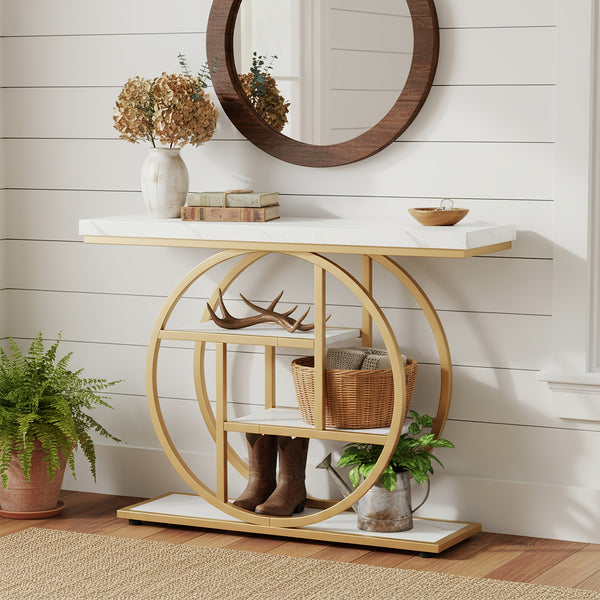 Four Story Console Table Slim Hallway, Entrance Table with Circular Base, Narrow Wooden Decorative Table with Storage Rack, Console Table for Living Room.