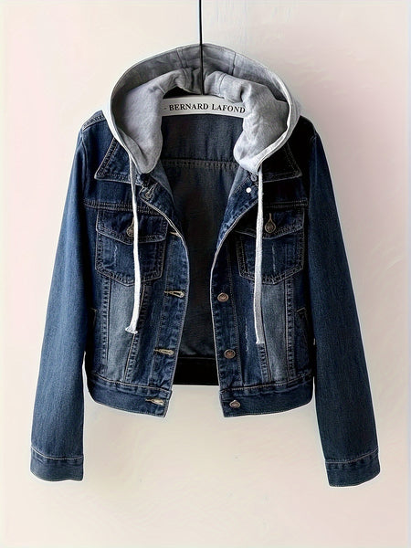 Women'S Detachable Hoodie Denim Jacket Casual Hooded Buttons Long Sleeve Jean Jackets Coat With Pockets, Suitable For Daily Commuting, Dates And Dinners
