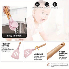 12pcs Silicone Kitchen Utensil Sets, Wooden Handle Cooking Utensils Set with Storage Bucket, Heat Resistant Non Stick Kitchen Utensils Set, Pink Kitchen Accessories Set