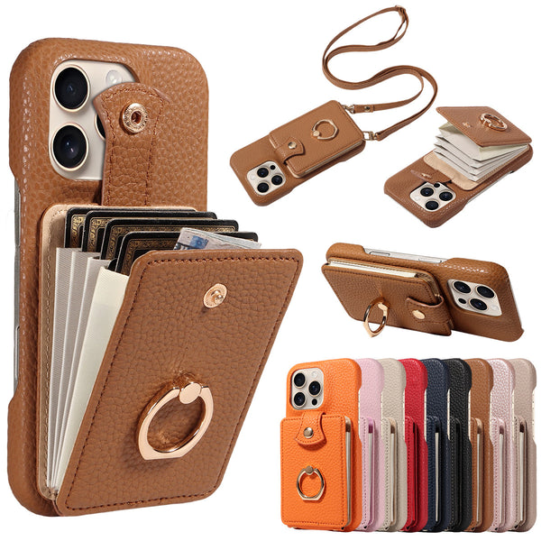Multi Functional Phone Case for iPhone 17 Pro Max 16 15 14 13 12 11 Faux Leather Accordion Flip Cover with Ring Holder Crossbody Strap Long Lanyard Multi Card Slots Anti Drop