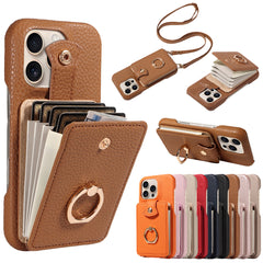Multi Functional Phone Case for iPhone 17 Pro Max 16 15 14 13 12 11 Faux Leather Accordion Flip Cover with Ring Holder Crossbody Strap Long Lanyard Multi Card Slots Anti Drop