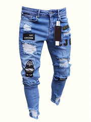 Men's Ripped Jeans with Doll Figure Pattern, Youth Zhang Zai Embroidery, Trendy Skinny Tapered Fit Denim Pants