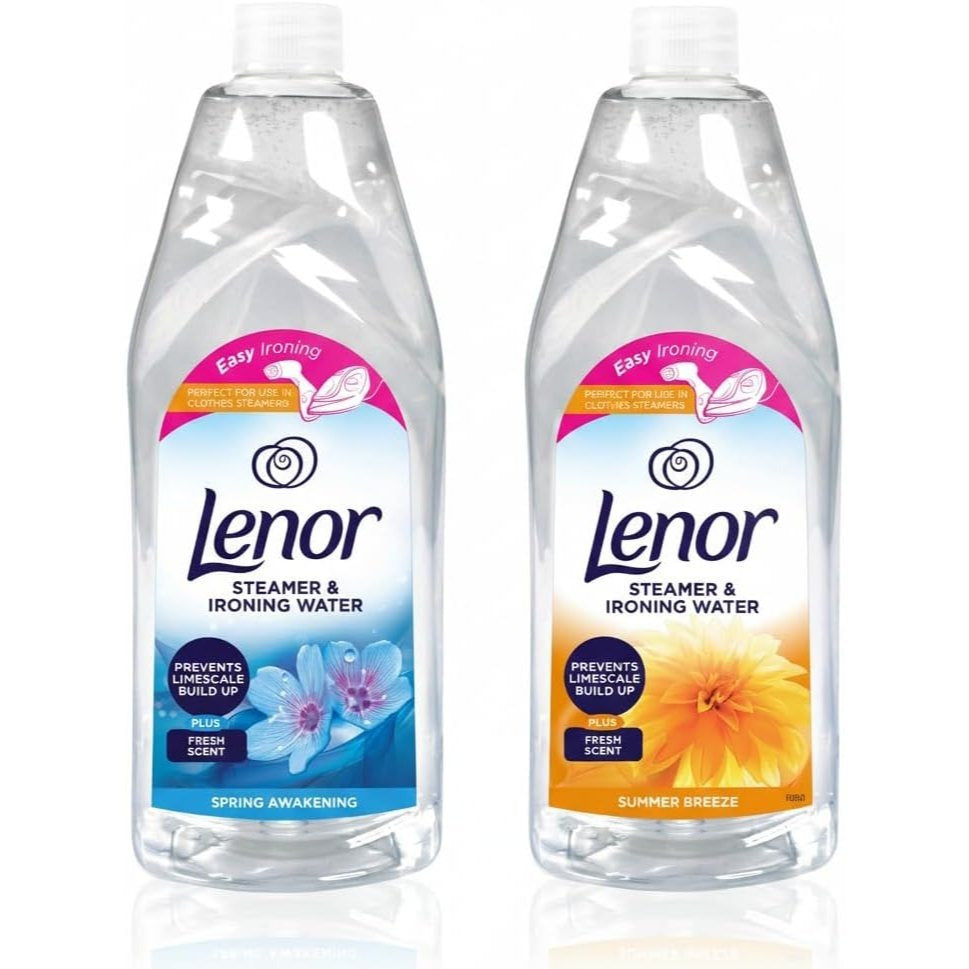 2 x Lenor Steamer & IRONING Water - 1 x SPRING AWAKENING, 1 x SUMMER BREEZE, Fabric Care Liquid for Steam Irons, Garment Steamers & Clothing Refreshing