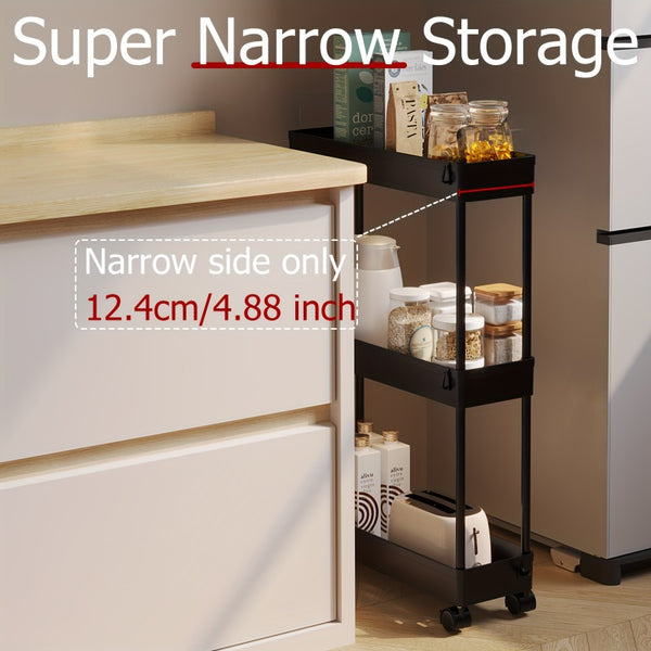 3-Tier Slim Rolling Storage Cart with Narrow Space-Saving & Heavy-Duty Plastic Shelving Unit - Mobile Utility Cart Suitable for Kitchen, Bathroom, Laundry Room, Office - Assembly, No Metal Parts, Lightweight Shelving Unit, Standing Shelf