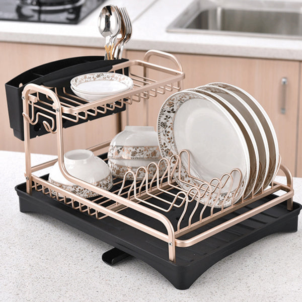 Rose Gold Color, Vertical Bowl And Plate Drain Rack with Rotating Water Outlet Drip Tray, Large Capacity, Aluminum Alloy Bowl And Plate Rack with Cutlery Rack, Kitchen Countertop Storage Rack, Saving Countertop Space