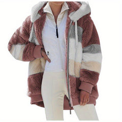 Women's 2025 Autumn Winter Warm Patchwork Hooded Coat - Zip Pockets Loose Fit Oversized Casual Outerwear