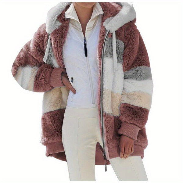 Women's 2025 Autumn Winter Warm Patchwork Hooded Coat - Zip Pockets Loose Fit Oversized Casual Outerwear