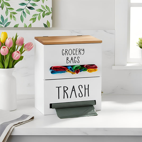 White/Black Two-Tier Wooden Trash Bag Storage Box Trash Bag Holder, Kitchen Plastic Wrap & Bag Organizer with Lid, Large Capacity Hanging Storage Container, Household Storage Accessories