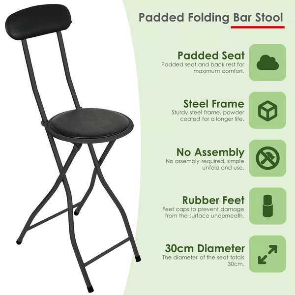 Black Folding Bar Stool Padded High Back Chair Stools For Breakfast Bars Kitchens Foldable Seat Non Slip Feet Durable Frame Lightweight Easy to Fold Ready to Use