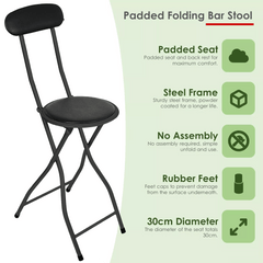 Black Folding Bar Stool Padded High Back Chair Stools For Breakfast Bars Kitchens Foldable Seat Non Slip Feet Durable Frame Lightweight Easy to Fold Ready to Use
