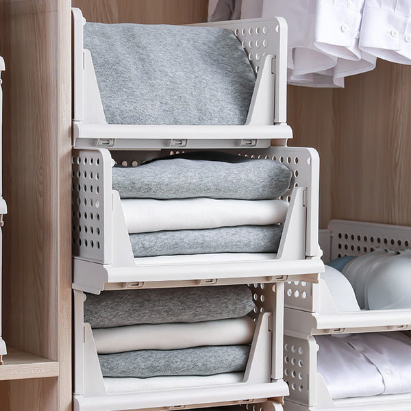 4 Pack Stackable Folding Clothing Storage Basket Drawers Wardrobe Closet Organizer Plastic Clothes Partition Shelf Stackable Hamper Bathroom, Bedroom, Office