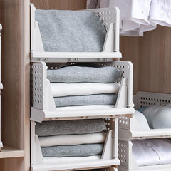 4 Pack Stackable Folding Clothing Storage Basket Drawers Wardrobe Closet Organizer Plastic Clothes Partition Shelf Stackable Hamper Bathroom, Bedroom, Office