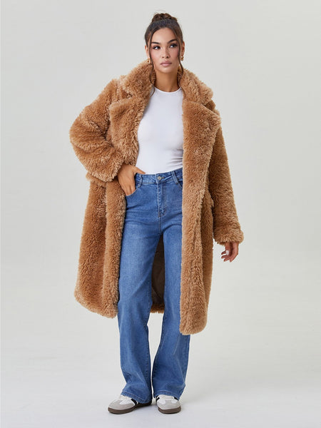 Women's Notch Lapel Plush Double-Breasted Casual Jacket, Leisure Winter Fuzzy Jacket