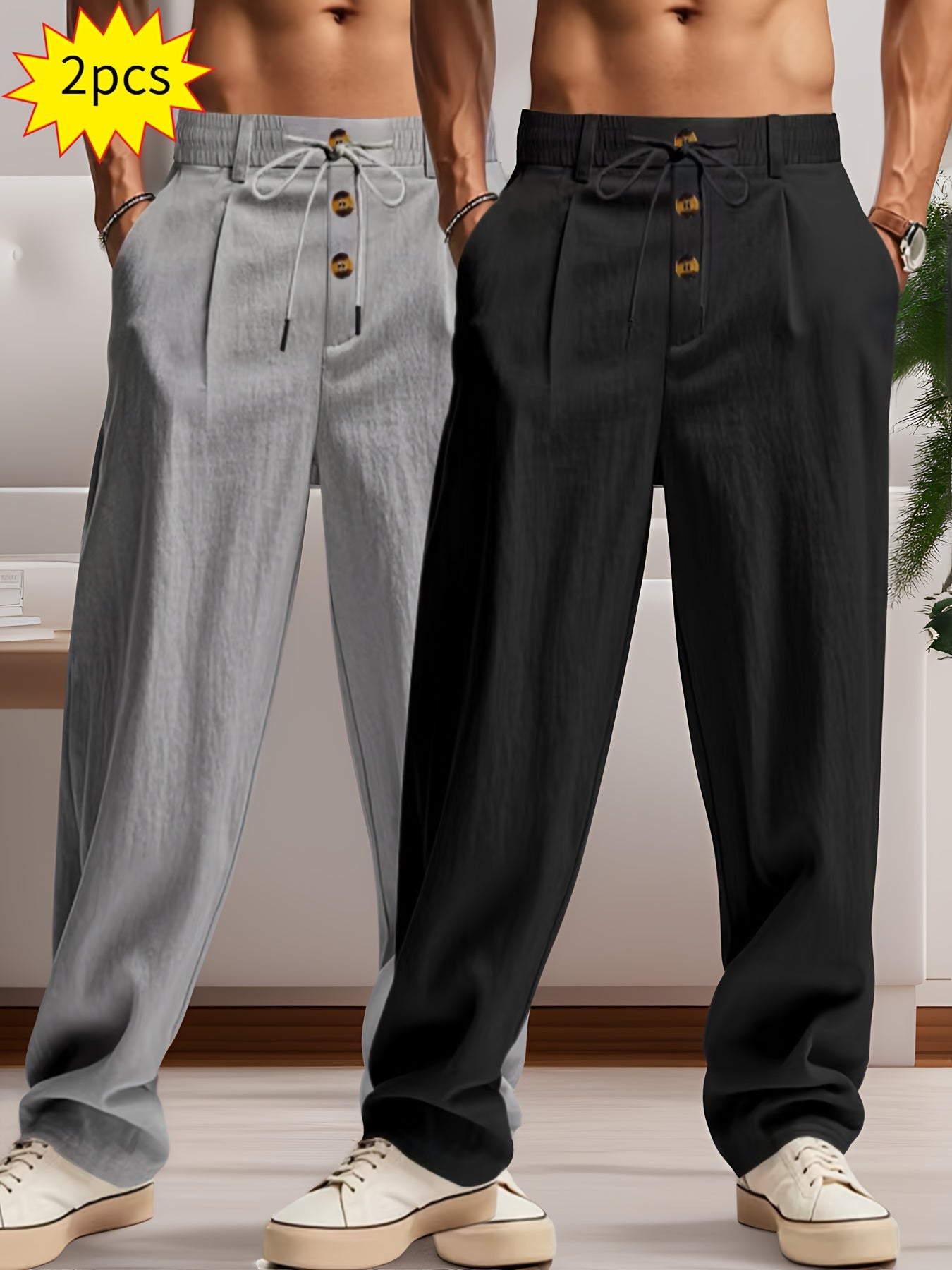 2pcs Men'S Linen Solid Color British Business Casual Straight Leg Pants with Drawstring Elastic Waistband And Button Design Casual Long Trousers Suitable for Outdoor Travel Fitness Exercise And Daily Wear Casual Outdoor Pants Linen Long Pants Lightw