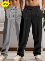 2pcs Men'S Linen Solid Color British Business Casual Straight Leg Pants with Drawstring Elastic Waistband And Button Design Casual Long Trousers Suitable for Outdoor Travel Fitness Exercise And Daily Wear Casual Outdoor Pants Linen Long Pants Lightw