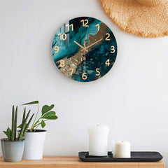 Green Marble Wooden Wall Silent Clock