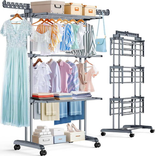 Purkeep Thicken & Durable Clothes Airer, Extra Large 4-Tier Capacity Foldable Clothes Drying Rack with Wheels, Stainless Steel Clothes Horse for Indoor/Outdoor Use in Bedroom, Laundry Room