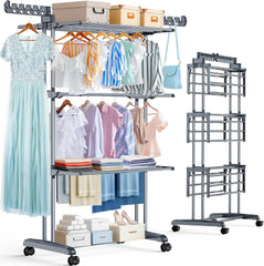 Purkeep Thicken & Durable Clothes Airer, Extra Large 4-Tier Capacity Foldable Clothes Drying Rack with Wheels, Stainless Steel Clothes Horse for Indoor/Outdoor Use in Bedroom, Laundry Room