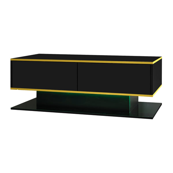 Modern LED coffee table, 100cm high gloss white coffee table, with 3 drawers and RGB light strips, adjustable color/brightness, gold edge, PB board material, suitable for living room, bedroom, lounge, studio - with a load-bearing capacity of 50kg and spac
