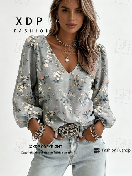 2D Flat Print Retro Western Style Shirt| V-neck Women's Long-sleeved Top with Colorful Small Floral Print, Bohemian Style Lantern Sleeve Design, Machine Washable, Suitable for Casual Attire and Vacations, 2D Flat