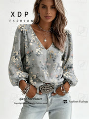 2D Flat Print Retro Western Style Shirt| V-neck Women's Long-sleeved Top with Colorful Small Floral Print, Bohemian Style Lantern Sleeve Design, Machine Washable, Suitable for Casual Attire and Vacations, 2D Flat