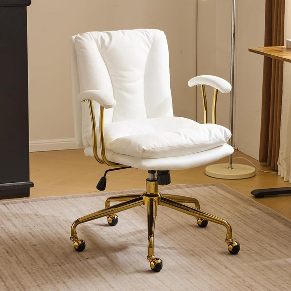 Office Chair Desk Chair with Wheels & Removable Armrests Gold Base Vanity Chair with Back Adjustable Rolling Swivel Computer Task Chair PU Leather