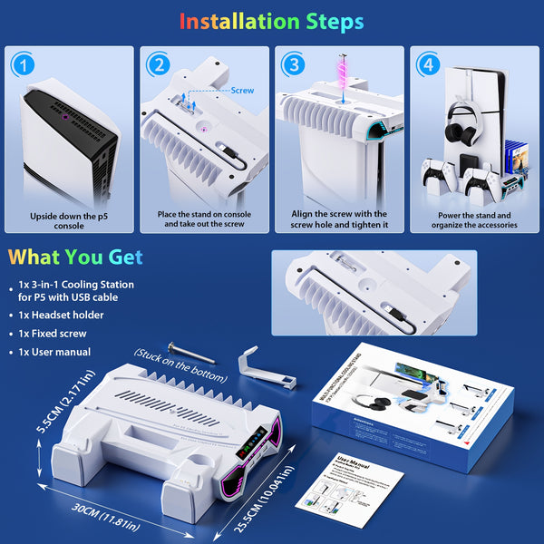 For Ps5/Slim/Pro Cooling Station And Controller Charging Station with RGB Stand for Playstation 5 Console - for PS5 Controller Charger, Cooling Stand Accessory Kit-Cooler Fan/Headset Holder/3 USB Hub, White