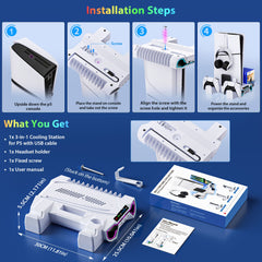 For Ps5/Slim/Pro Cooling Station And Controller Charging Station with RGB Stand for Playstation 5 Console - for PS5 Controller Charger, Cooling Stand Accessory Kit-Cooler Fan/Headset Holder/3 USB Hub, White
