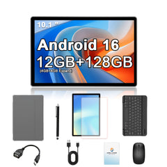 NEW Tablet Android 16 2 in 1 Tablet 10.1-Inch IPS Display 12GB RAM(4GB+8GB Expand) 128GB ROM, Support 1TB TF Card Extension, with Keyboard, Mouse, Stylus, Holder Case, 5G Wi-Fi & Wireless, GMS, Tablet, Pad
