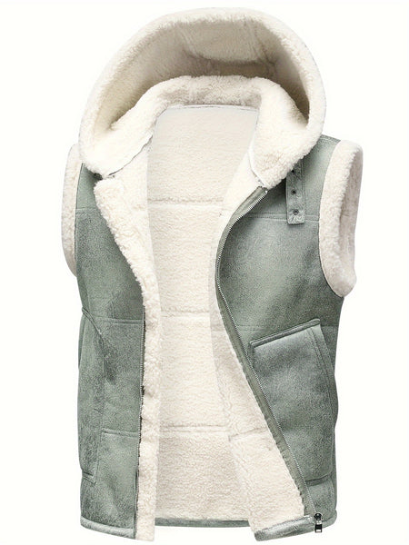 Men's Faux Fur-Lined Hooded Vest, Thickened and -Lined, Fashionable Windproof and Warm Outer Jacket for Men