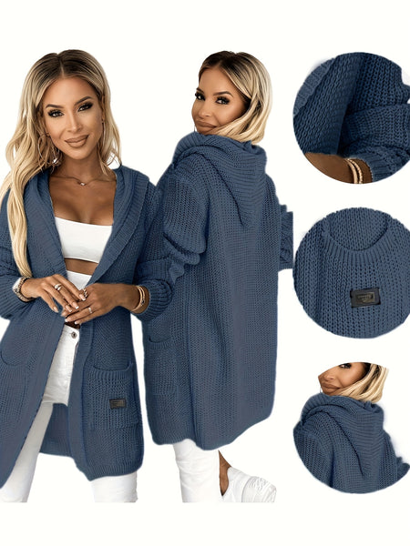 New Women's Autumn/Winter Solid Color Long Sleeve Mid-Length Hooded Pocket Simple Casual Fashion Versatile Daily Wear Sweater Cardigan Jacket