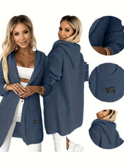 New Women's Autumn/Winter Solid Color Long Sleeve Mid-Length Hooded Pocket Simple Casual Fashion Versatile Daily Wear Sweater Cardigan Jacket