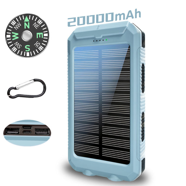 20000mAh Portable Solar Power Bank, Portable Solar Mobile Phone Charger, Camping External Battery Charger for Mobile Phones, 2 USB/ LED Flashlights with Compass for Outdoor Activities