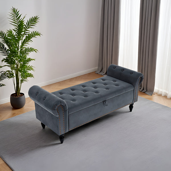 Ottoman Storage Bench, Velvet End Of Bed Storage Box With Lid, Sturdy Wood Legs Footrest, 168KG Load Capacity, Sofa Bench For Bedroom/Living Room, 133x53x46cm (Grey/Blue/Beige)