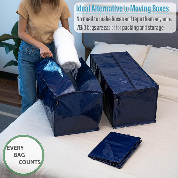 VENO 8 Pack Moving Bags Heavy-Duty Extra Large W/Backpack Straps, Moving House Essentials, Strong Handles & Zips, Clothes Storage, Packing, Laundry Bags, Reusable and Sustainable (Blue, 8 Pack)