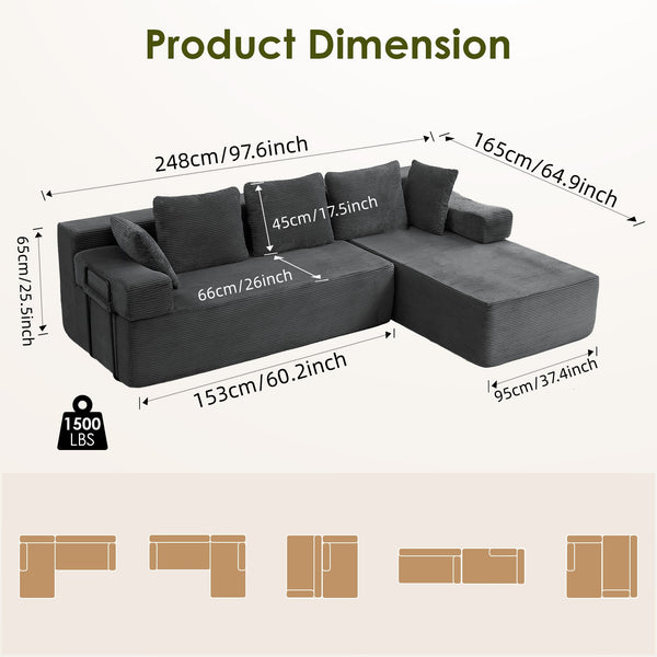 ROXGOX L-Shaped Sectional Sofa with Reversible Chaise, Left or Right Facing Modular Couch, No Assembly Required, Perfect for Small Apartment, Black Borwn Grey
