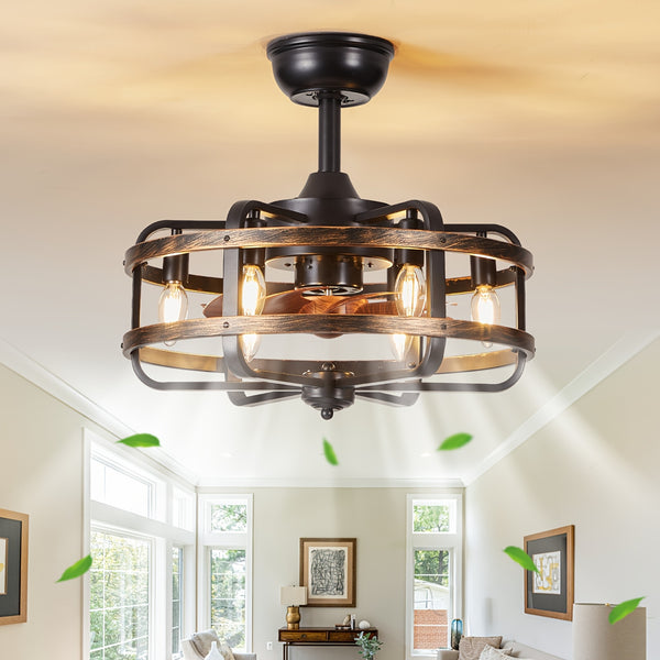 Farmhouse Ceiling Fans with Lights, 3 Speeds Flush Mount Rustic Caged Ceiling Fan Light, Timing, Quiet Reversible Motor, E14*6 Base Industrial Fandelier Ceiling Fans for Indoor Bedroom, Kitchen