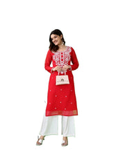 Estationeryhouse Women's Georgette Lucknowi chikankari kurti, Rose Design with Heavy Embroidery, Without Bottom