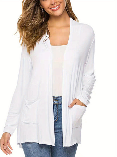 Women Simple Style Cardigan, Solid Color Long Sleeve Knitwear with Pockets, S/ M/ L/ XL/ XXL