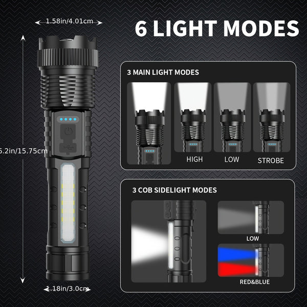 2pcs Flashlights High Lumens Rechargeable LED with USB-C, 6 Light Modes, Zoomable & USB-C Cable Included, USB-Powered Handheld Torch for Camping, Emergency, Outdoor - Buy 1 Get 1 Free (Cob Side Light, Flash, Survival Gadgets, Torches, Torch Light, Surviva