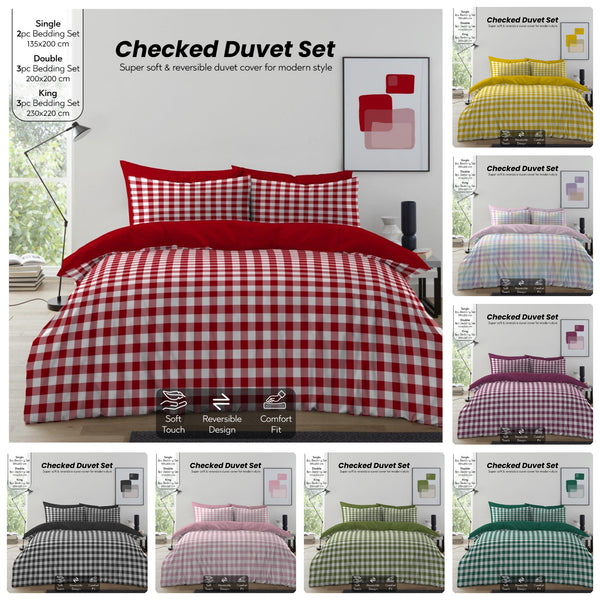 Gingham Moor Check Duvet Cover Set | Plain Reversible Microfibre Quilt Bedding with a Soft Lightweight Feel and Stylish Check Design | Ultra-Soft Matching Pillowcases for Everyday Bedroom Comfort | Available in Single, Double, King Sizes | Fast Dispatch f