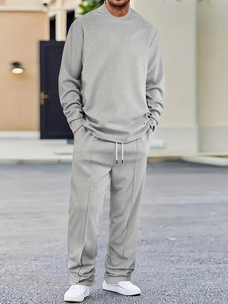 Men'S 2pcs Solid Color Waffle Casual Set, Long-Sleeved Round Neck Pullover Sweatshirt And Solid Color Drawstring Pants, Chic And Comfortable Casual Set, Suitable for Men'S Daily Casual Wear, Vacation Wear, Spring And Autumn Men'S Clothing