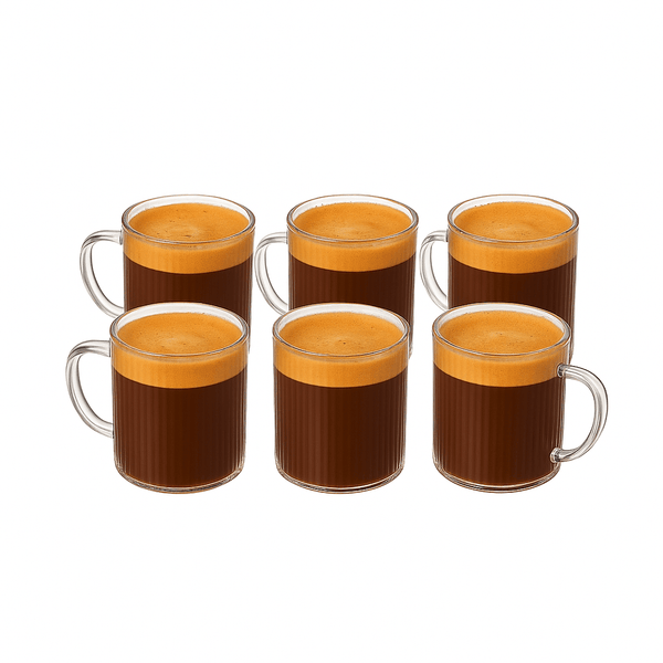 Set of 6 Striped Glass Espresso Shot Cups with Handles (160ml) - Stackable Borosilicate Coffee Glasses, Vertical Ribbed Design, Dishwasher Safe, Shot Glasses for Espresso, mini Desserts