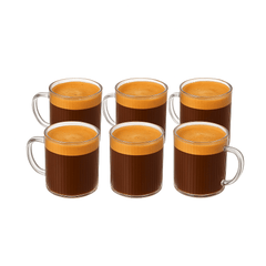 Set of 6 Striped Glass Espresso Shot Cups with Handles (160ml) - Stackable Borosilicate Coffee Glasses, Vertical Ribbed Design, Dishwasher Safe, Shot Glasses for Espresso, mini Desserts