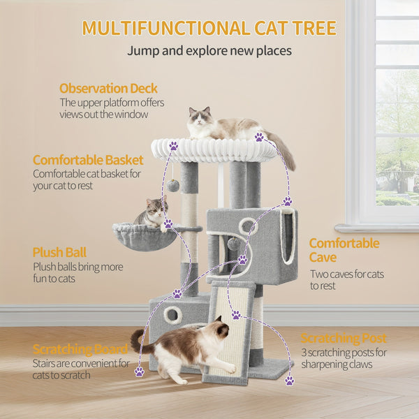 98cm Cat Tree, Cat Tower for Indoor Cats, Multi-Level Cats House Furniture with Scratching Post, 2 Caves, Large Platform, Scratching Ramp, Pompom, Light Grey