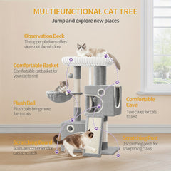 98cm Cat Tree, Cat Tower for Indoor Cats, Multi-Level Cats House Furniture with Scratching Post, 2 Caves, Large Platform, Scratching Ramp, Pompom, Light Grey